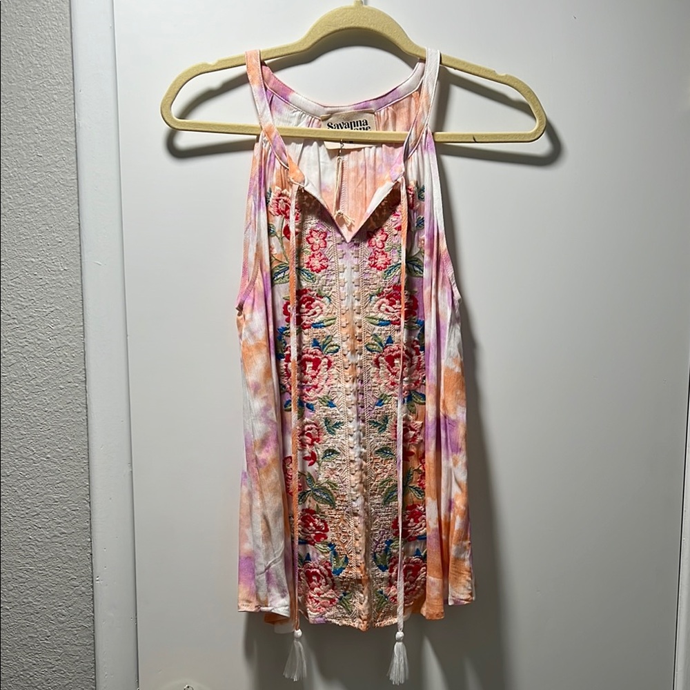 Savannah Jane embroidered tie die Tank Top